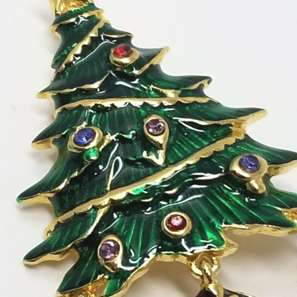 Vtg Christopher Radko Christmas Tree Pin Brooch Signed Dangle Enamel Rhinestone - Picture 8 of 9